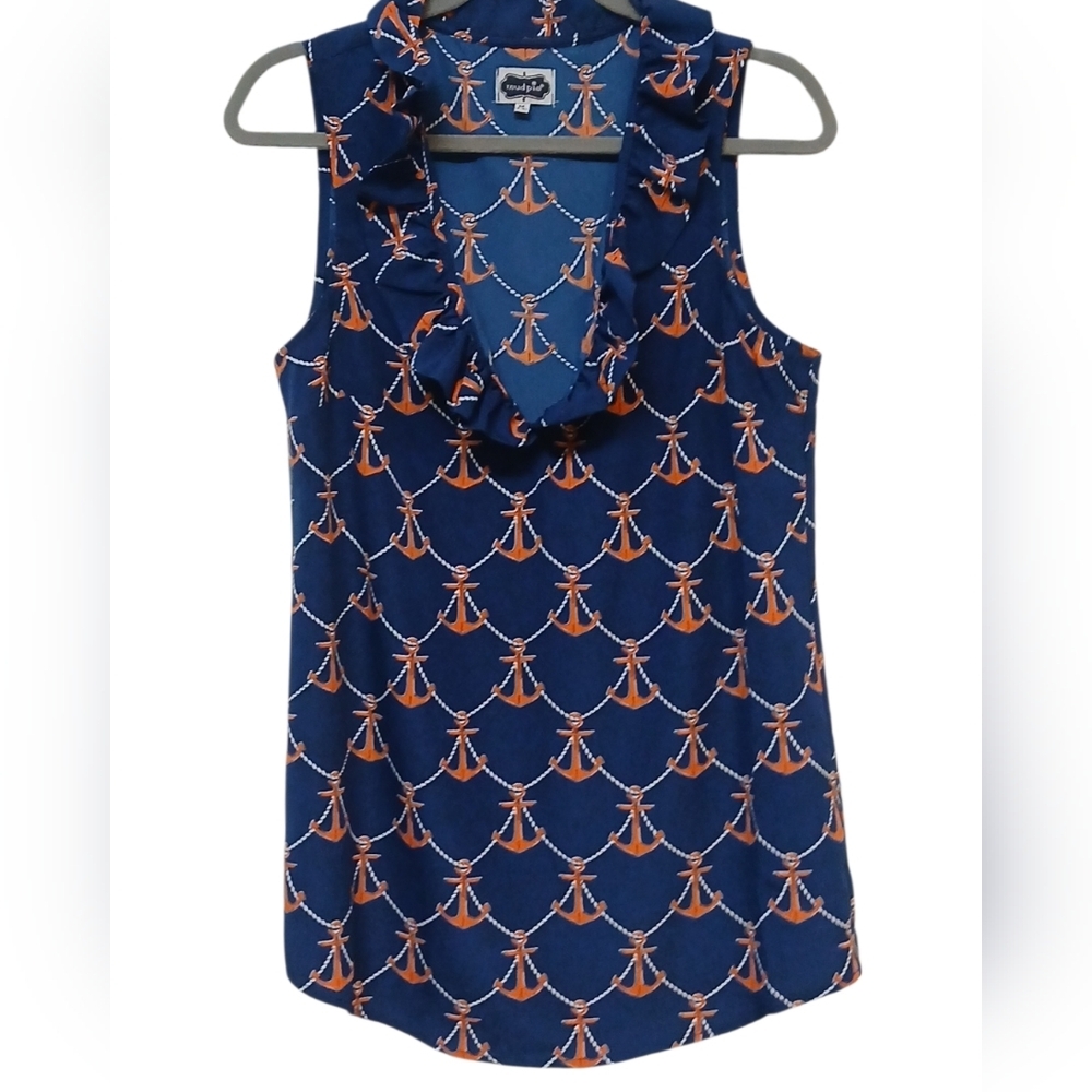 Mud Pie - NWOT, Navy Blue Sleeveless Blouse, Ruffled Collar W/2 Working Buttons, - Picture 4 of 12